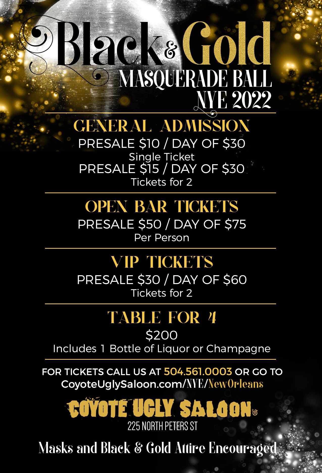 NYE 2022 – Black and Gold Masquerade Ball in New Orleans on December 31, 2022