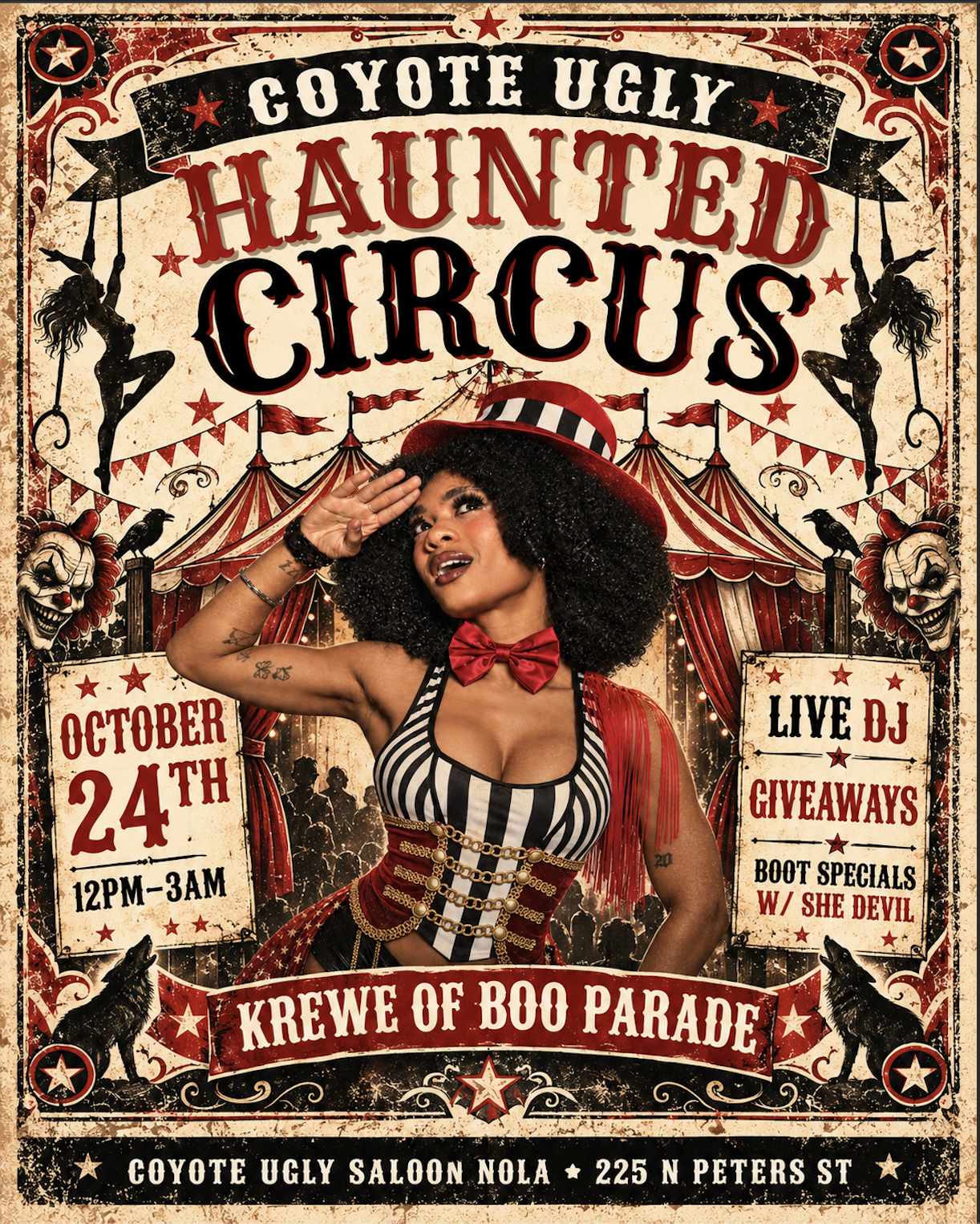 Krewe of Boo Parade flyer for Coyote Ugly NOLA featuring a woman dressed as a circus ringmaster, haunted circus artwork, live DJ, giveaways, and boot specials with She Devil on October 24, 2026.