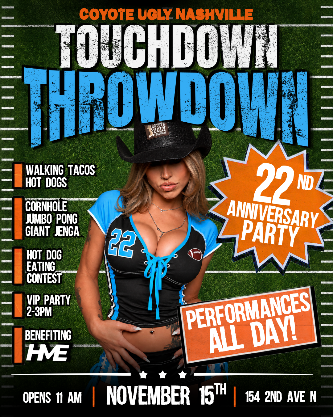 Nashville Coyote Ugly’s 22nd Anniversary Touchdown Throwdown flyer featuring football-themed festivities, live performances, food, games, a hot dog eating contest, and a VIP party benefiting HME.