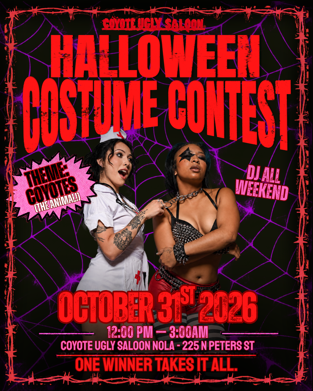 Halloween costume contest flyer for Coyote Ugly New Orleans featuring two women in costumes, with DJ entertainment all weekend and a one-winner-takes-all competition on October 31, 2026.
