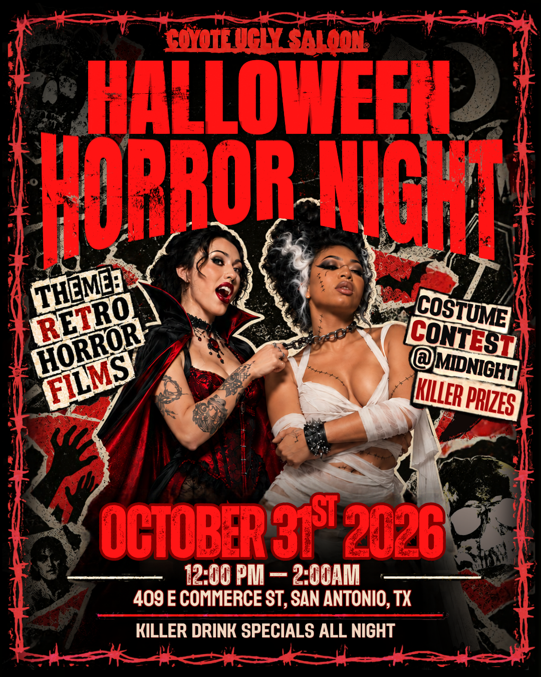 Halloween Horror Night flyer for Coyote Ugly San Antonio featuring vampire and Frankenstein-inspired costumes, a retro horror film theme, a midnight costume contest, killer prizes, and drink specials.